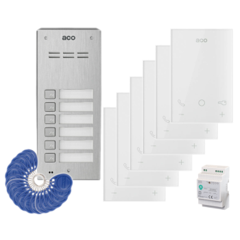 ZESTAW DOMOFONOWY ACO FAM-P-6NPACC NT + 6 UNIFONÓW UP800 G2 + ZASILACZ NA SZYNĘ DIN 15V